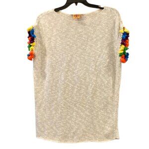 TORY BURCH~Pom Pom SHORT SLEEVE SWEATER BEIGE COTTON LINEN OVERSIZED SIZE SMALL
